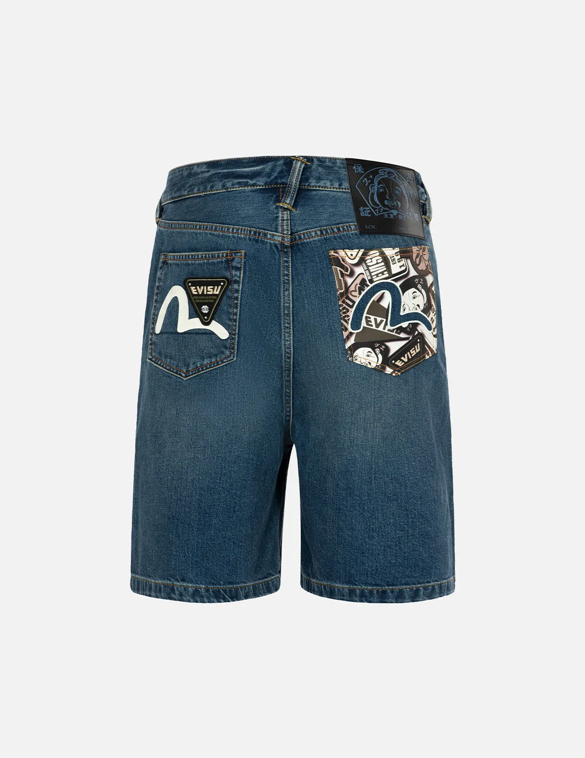 Allover Godhead Print and Seagull Embroidery Relax Fit Denim Shorts sold by Evisu