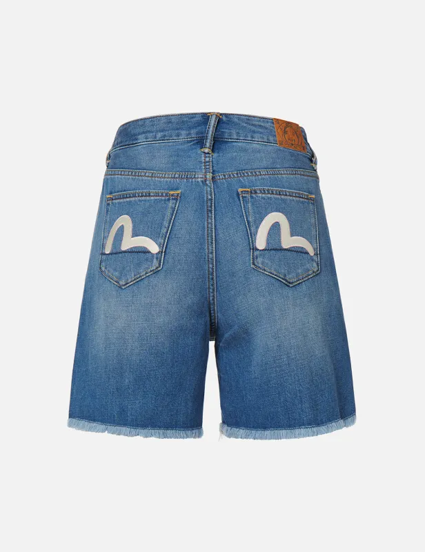 Seagull Embroidery Distressed Denim Shorts made by Evisu