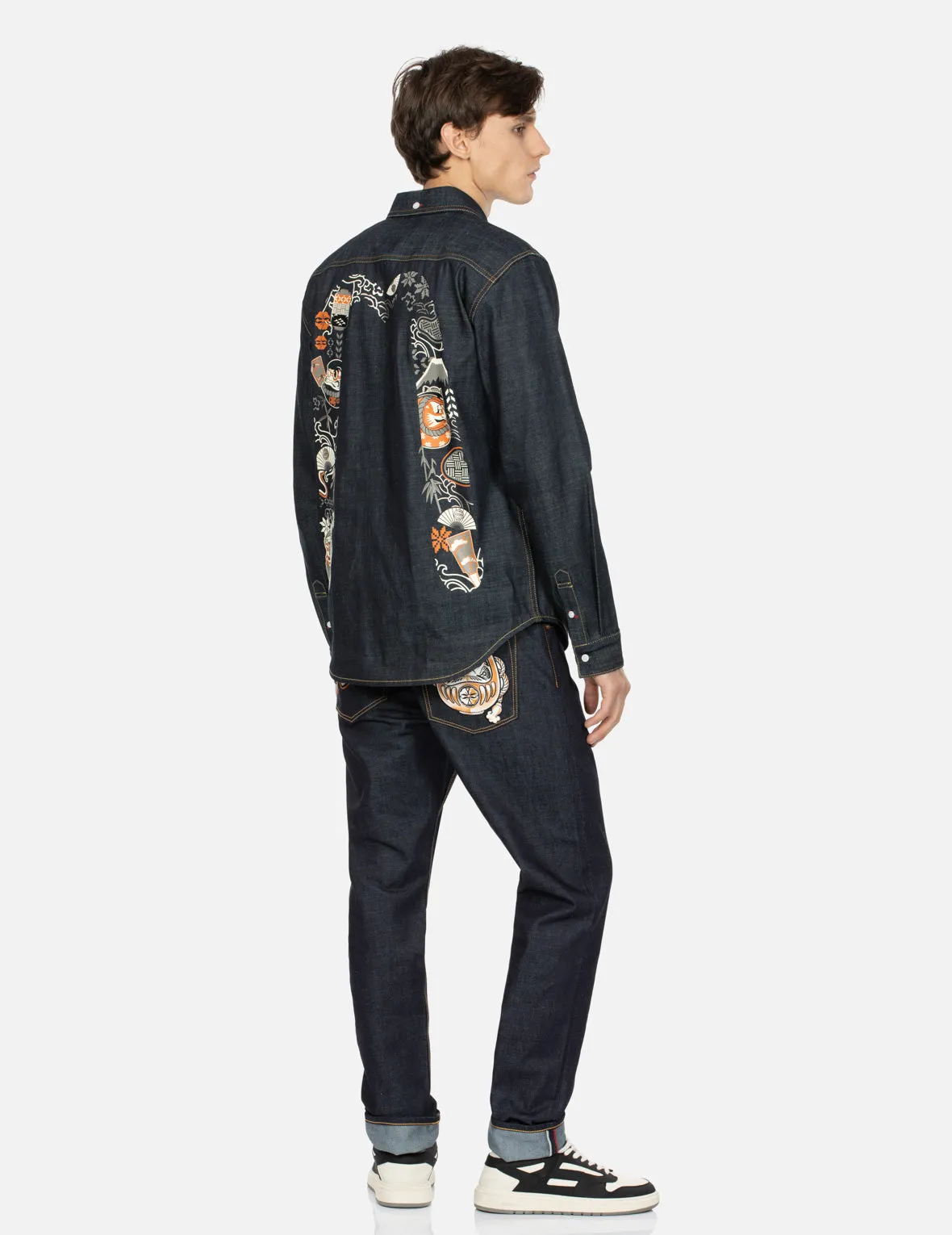 Kumadori Daruma Daicock Print Regular Fit Denim Shirt sold by Evisu product image thumbnail 3