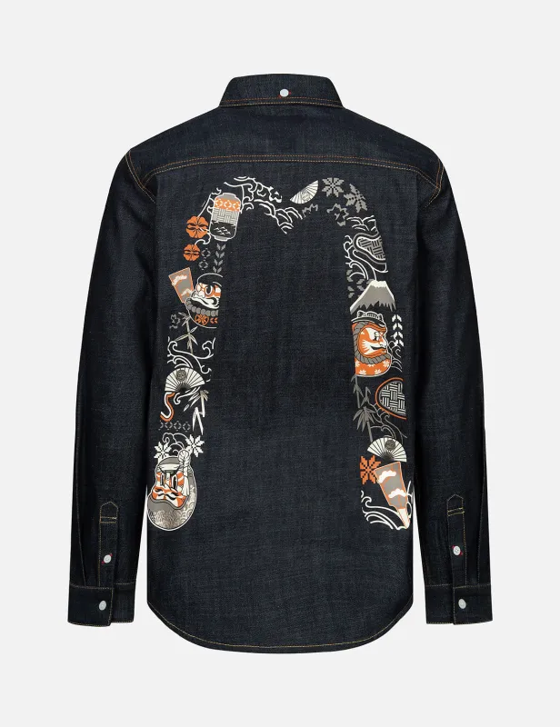 Kumadori Daruma Daicock Print Regular Fit Denim Shirt sold by Evisu