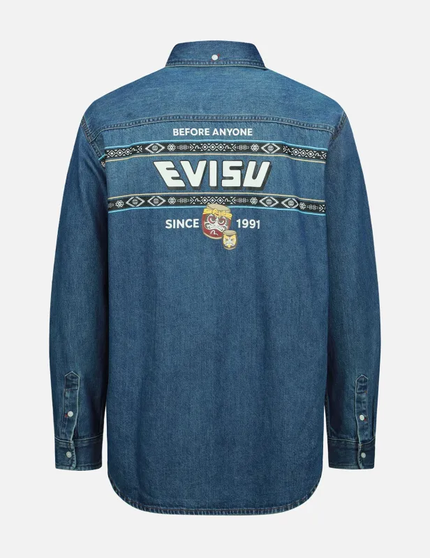 Taiko Daruma Print Denim Shirt sold by Evisu