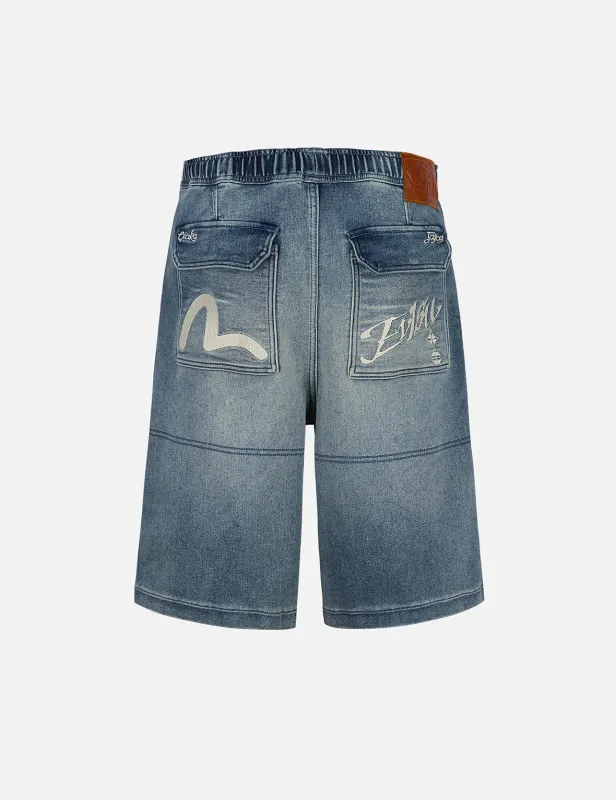 Seagull and Logo Appliqué Embroidery Fashion Fit Denim Shorts sold by Evisu