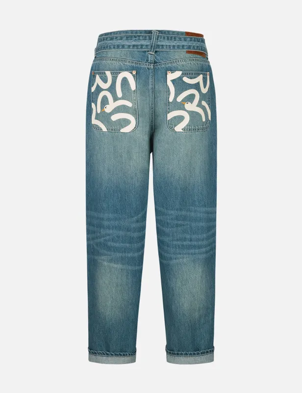Playful Seagull Print Pocket Loose Fit Jeans #2038 made by Evisu