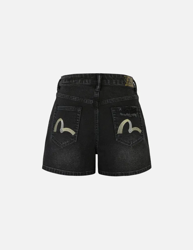 Knot Seagull Embroidery Loose Fit Denim Shorts made by Evisu