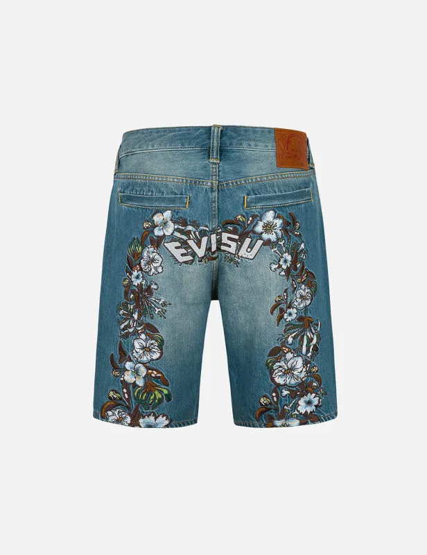 Floral Daicock Embroidery Regular Fit Denim Shorts made by Evisu