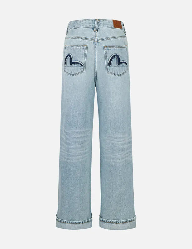 Distressed Seagull Appliqué Fashion Fit Wide-leg Jeans sold by Evisu