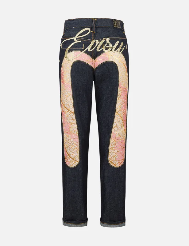 Brocade Inserted Daicock Embroidery Relax Fit Jeans sold by Evisu