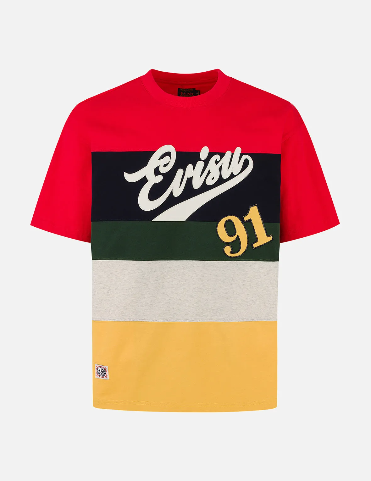 Logo and "91" Appliqué Embroidery Relax Fit Stripe T-Shirt sold by Evisu
