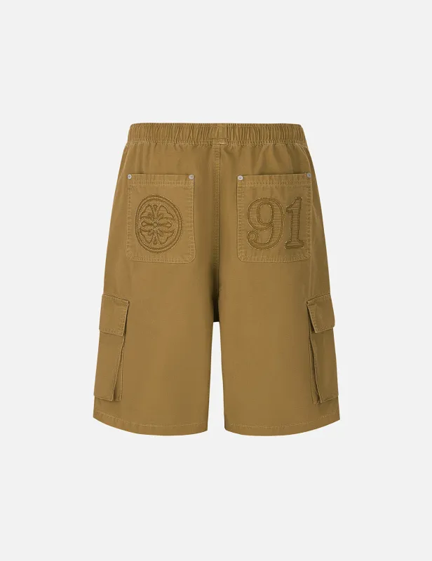 Kamon and "91" Appliqué Embroidery Regular Fit Cargo Shorts sold by Evisu