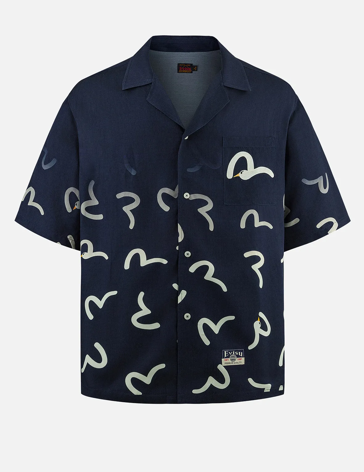 Allover Seagull Print Boxy Short-Sleeve Shirt sold by Evisu