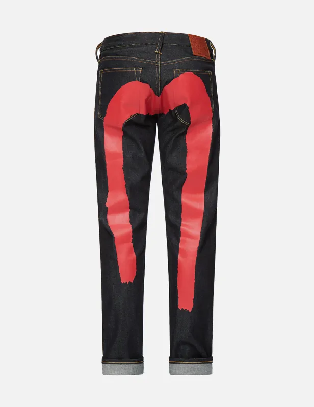 Red Brushstroke Daicock Slim Straight fit Jeans #2010 sold by Evisu
