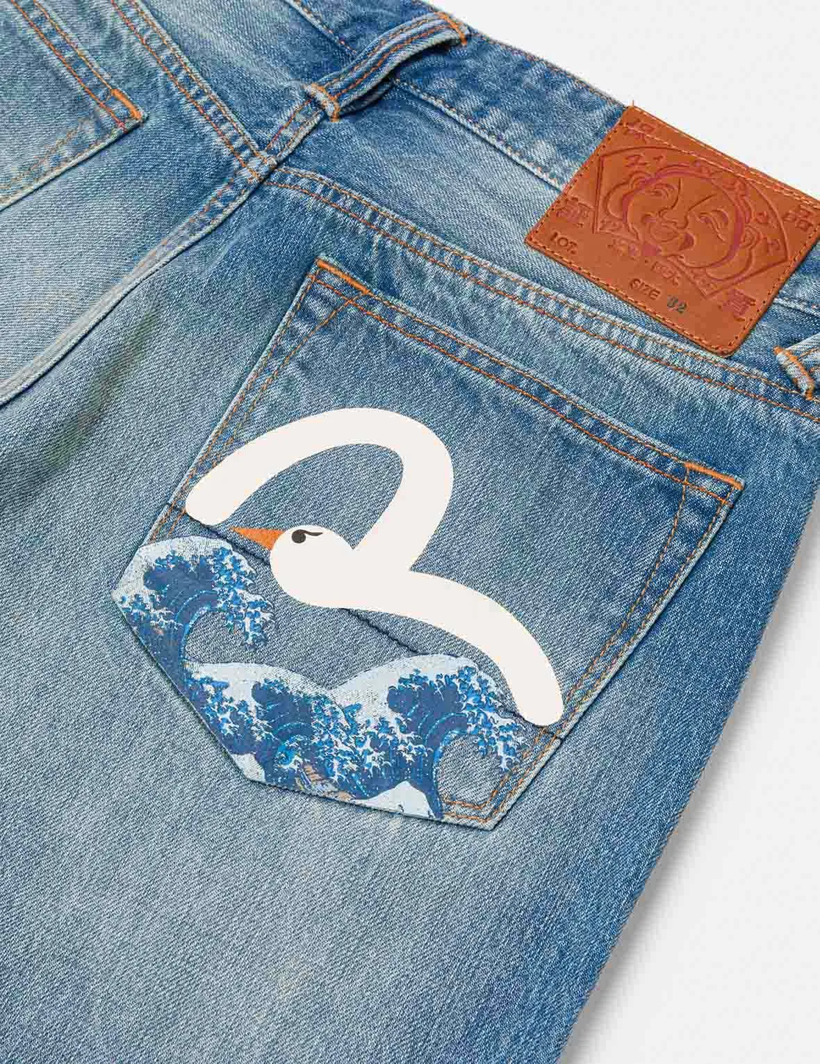 Playful Seagull and The Great Wave Print Regular Fit Denim Shorts sold by Evisu product image thumbnail 5