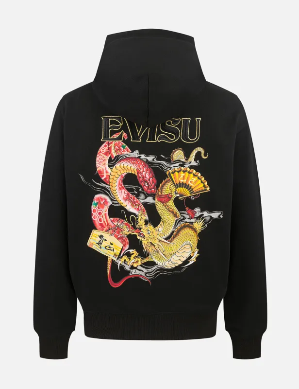 Soaring Snake and Dragon Print Relax Fit Hoodie - Black sold by Evisu