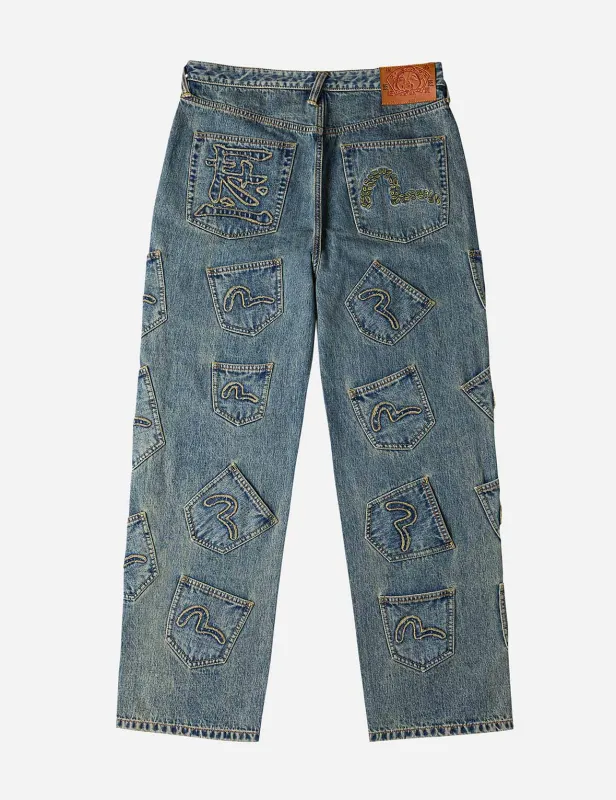 EVISU X F-LAGSTUF-F Dirty Washed and Embroideried Multi-Pocket Relax Fit Denim Jeans sold by Evisu