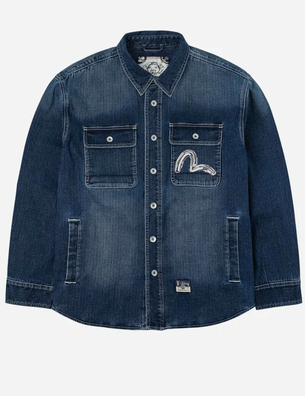 Washed Seagull Embroidery Regular Fit Denim Shirt sold by Evisu