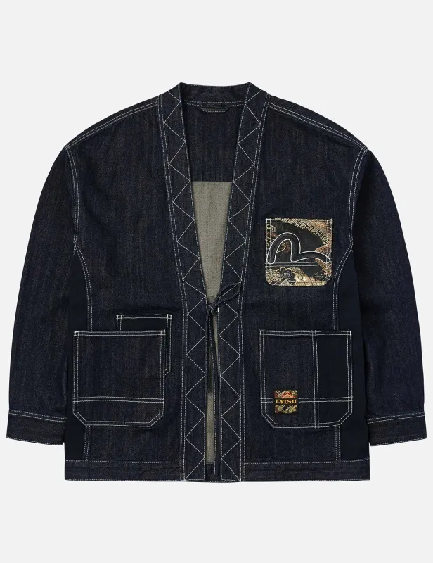 Multi-Pocket with Brocade Patch Relax Fit Denim Kimono sold by Evisu