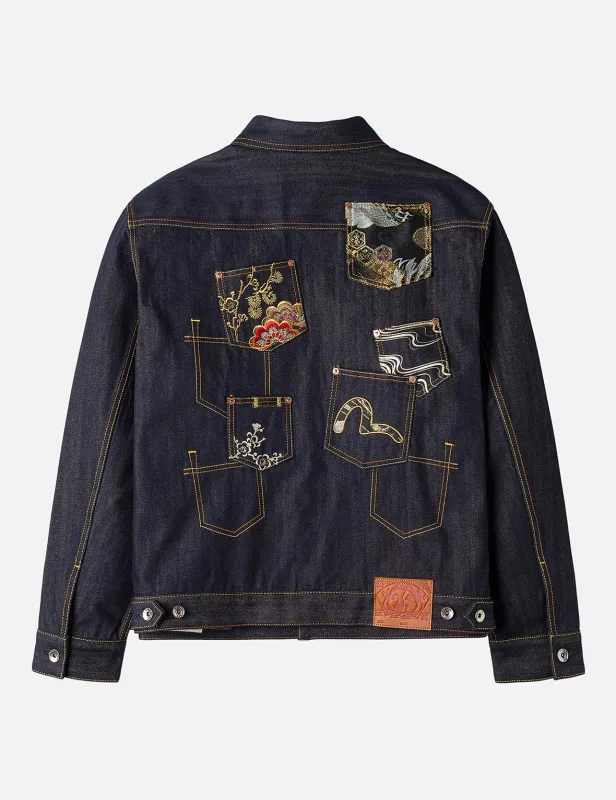 Multi-Pocket with Brocade Patch Relax Fit Denim Jacket sold by Evisu