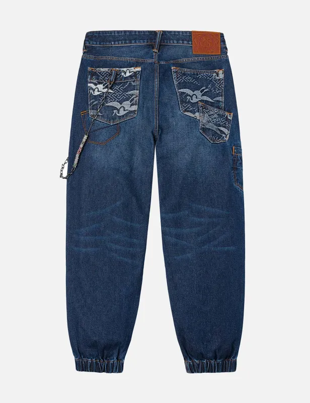 Multi-pocket and Seagull Crane Print Loose Fit Washed Denim Joggers sold by Evisu