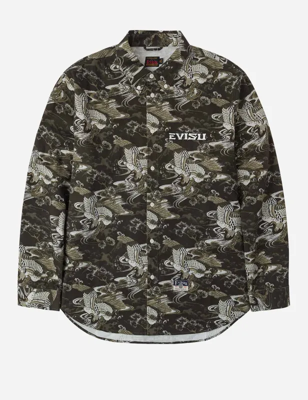 Allover Crane Print Relax Fit Shirt sold by Evisu