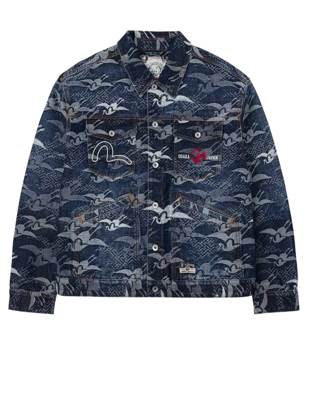 Allover Seagull Cranes Jacquard Loose Fit Denim Jacket sold by Evisu