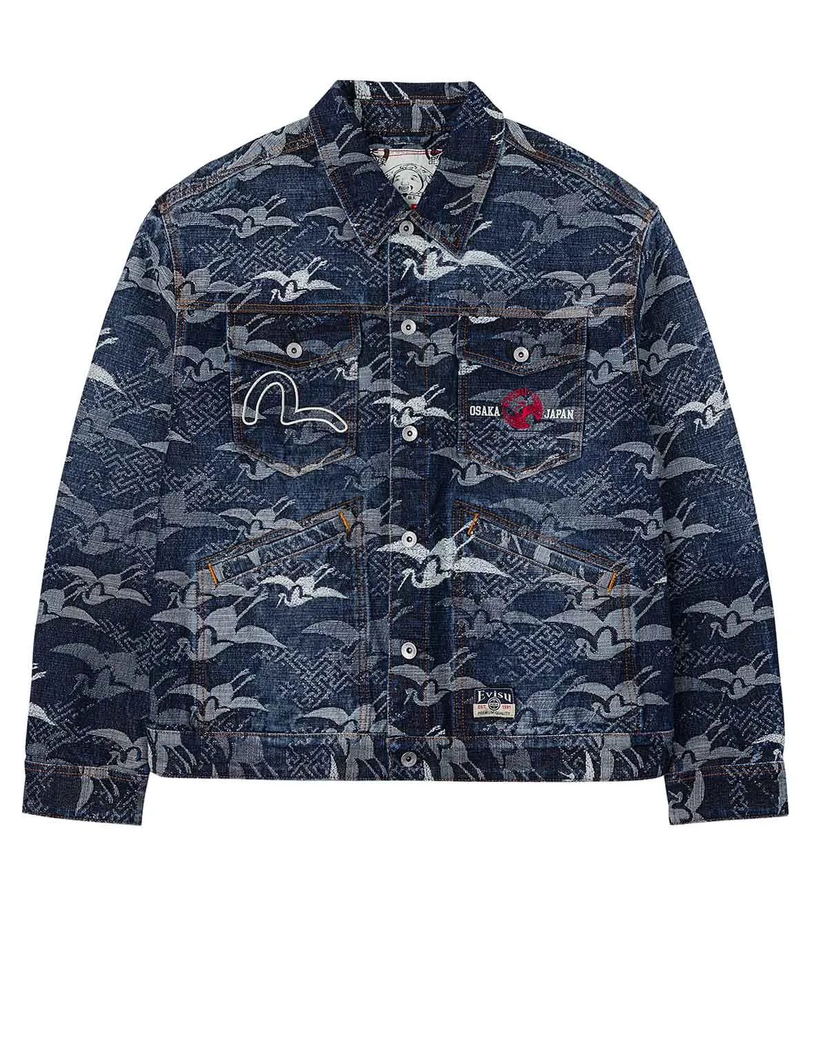 Allover Seagull Cranes Jacquard Loose Fit Denim Jacket sold by Evisu