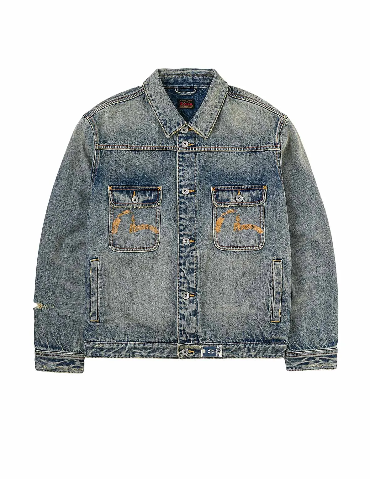 Distressed Seagull Print and Frayed Logo Patch Embroidery Relax Fit Denim Jacket sold by Evisu