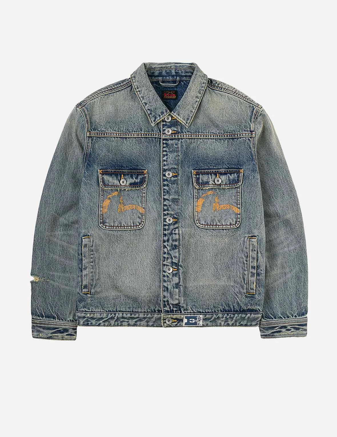 Distressed Seagull Print and Frayed Logo Patch Embroidery Relax Fit Denim Jacket sold by Evisu product image thumbnail 5