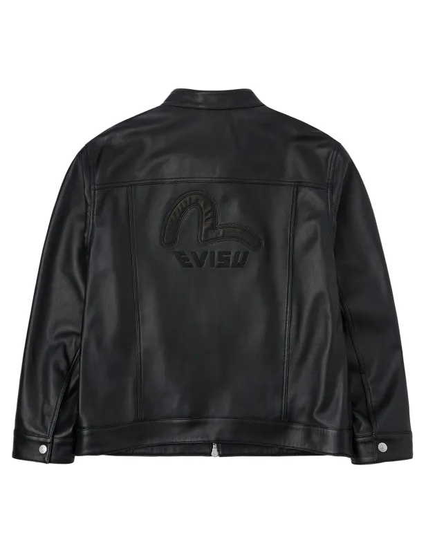 Logo and Seagull Embroidery Regular Fit Leather Jacket sold by Evisu