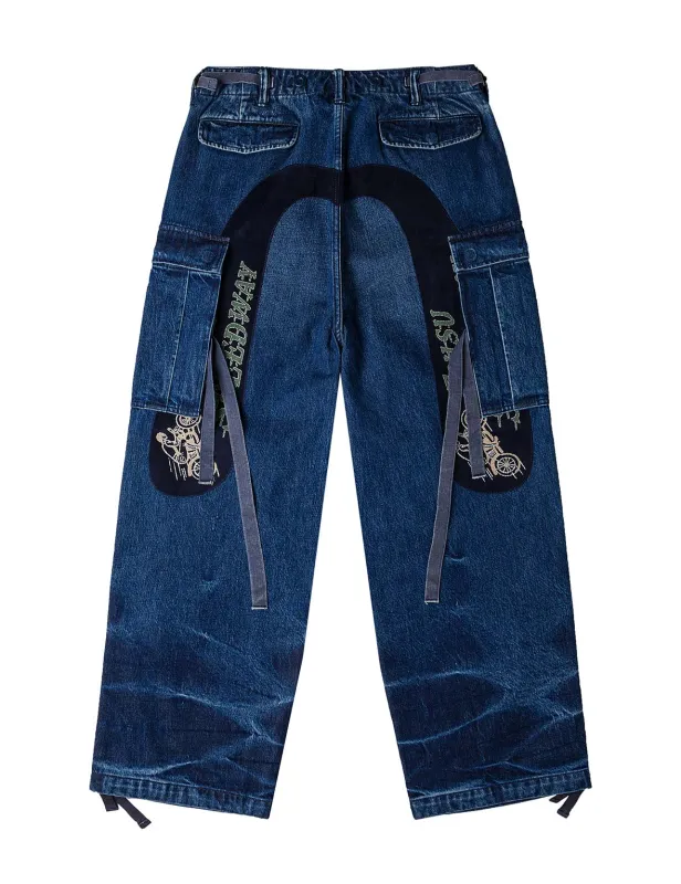Vintage motorcycle Print Washed Daicock Embroidery Wide-leg Cargo Jeans sold by Evisu