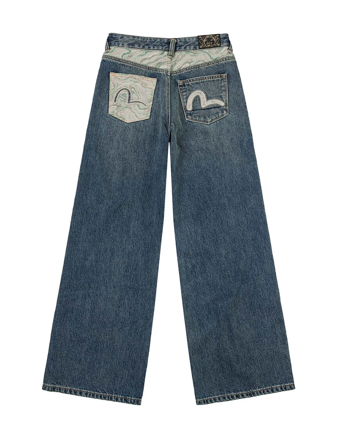 Brocade Pocket and Seagull Appliqué Straight Fit Denim Jeans sold by Evisu