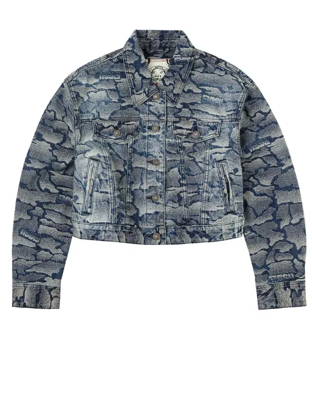 Allover Ishigaki Camouflage Jacquard Fashion Fit Washed Denim Jacket sold by Evisu