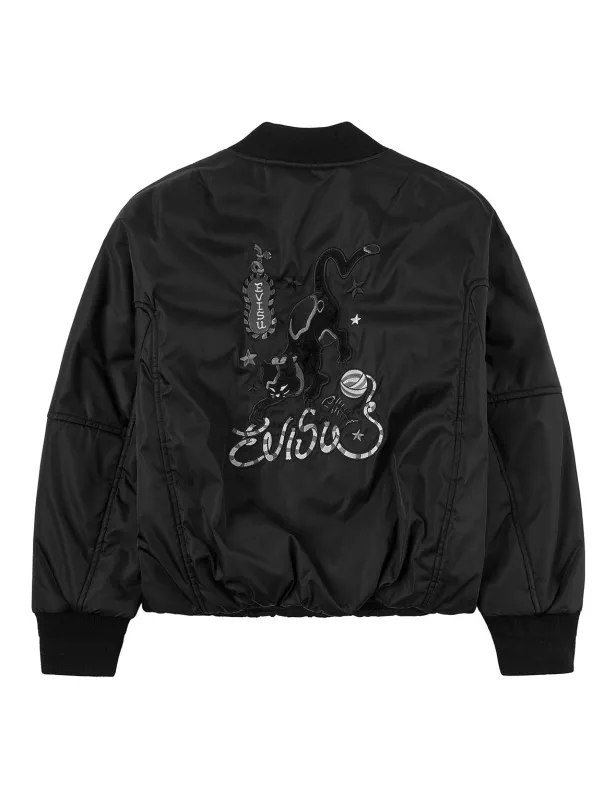 Fuzzy Cat Appliqué and Logo Embroidery Drop-Shoulder Bomber Jacket sold by Evisu