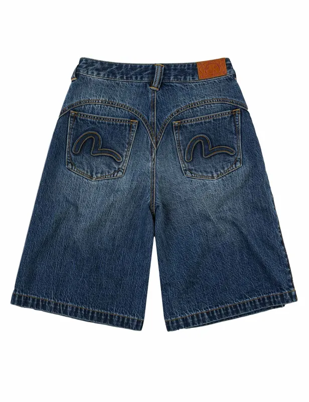 Seagull Embossed Fashion Fit Pleated Denim Shorts made by Evisu