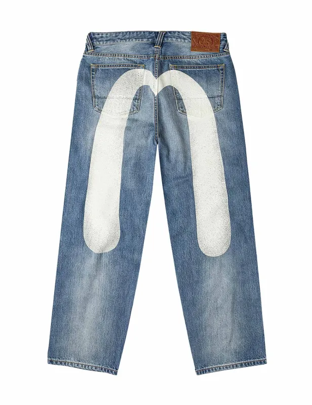 Ecru Daicock Print Loose Fit Jeans #2038 made by Evisu