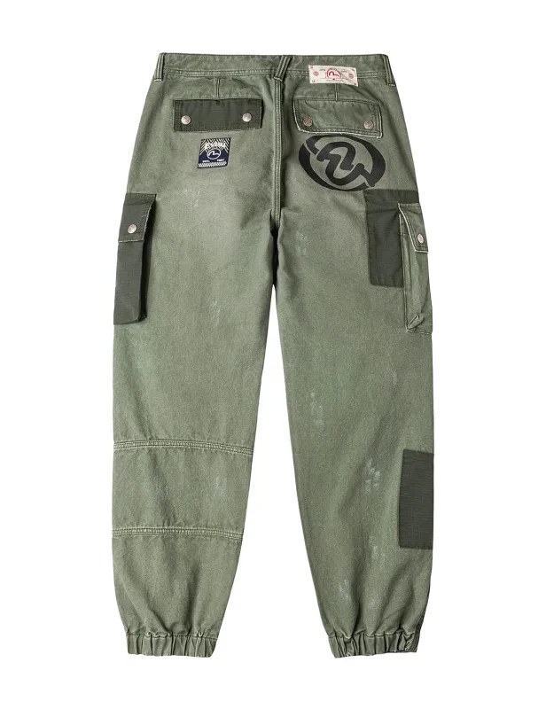 Dual Seagull Print Loose Fit Washed Woven Cargo Joggers made by Evisu
