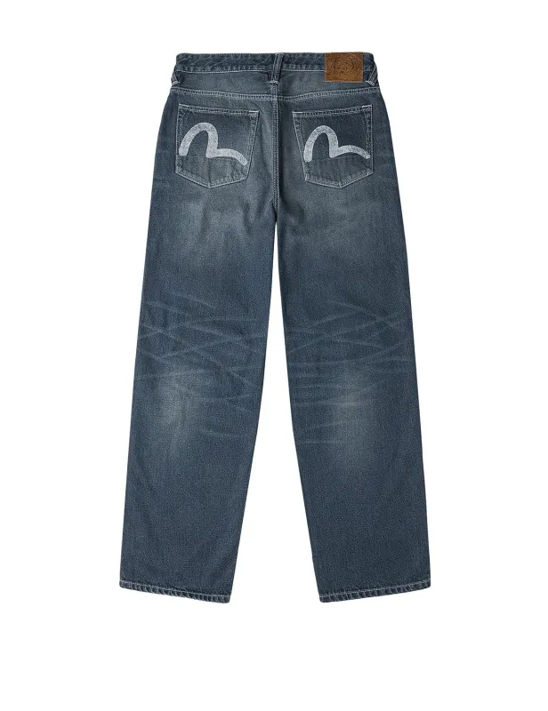 Distressed Seagull Print with Irregular Patches Loose Fit Denim Jeans sold by Evisu