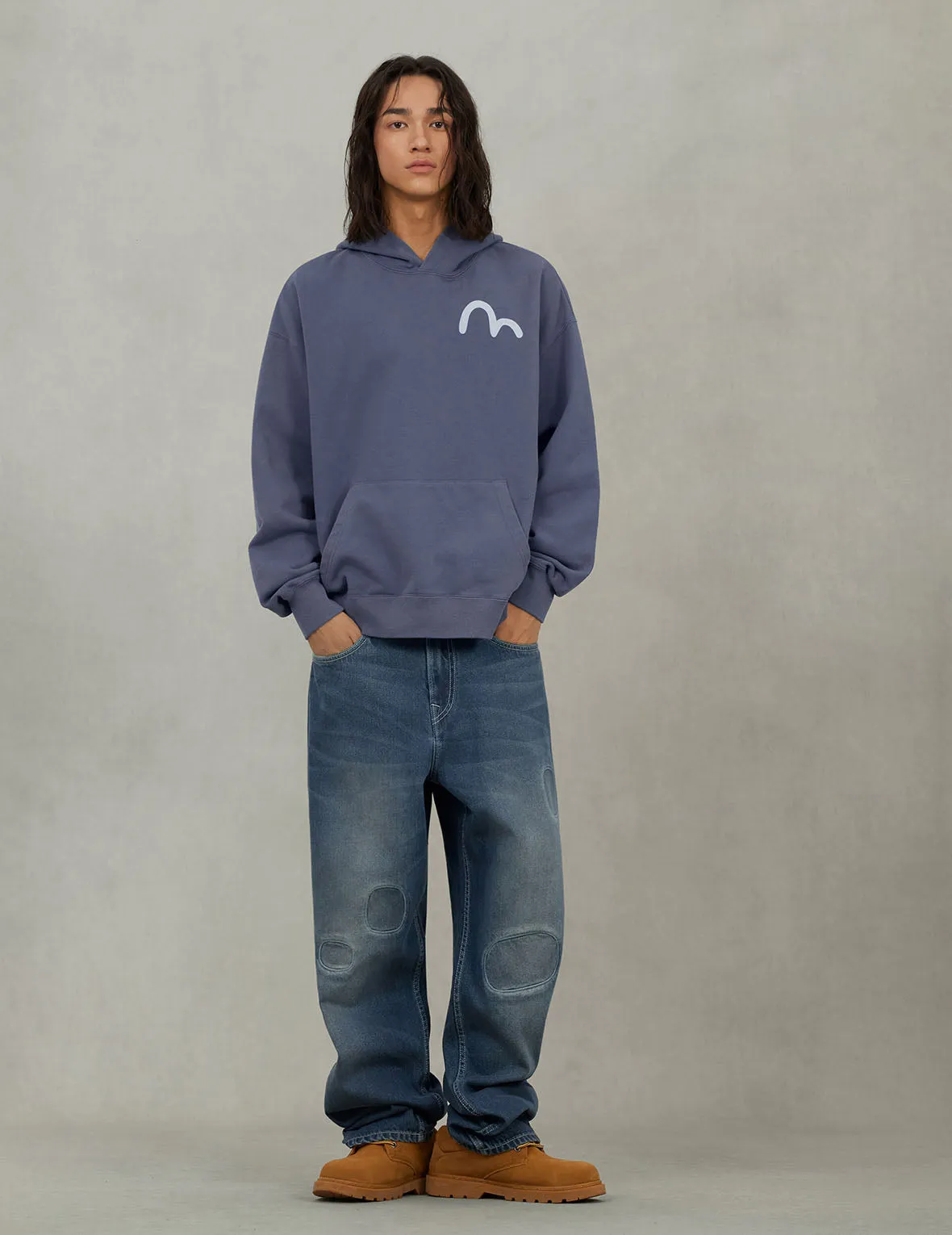 Distressed Seagull Print with Irregular Patches Loose Fit Denim Jeans sold by Evisu product image thumbnail 5