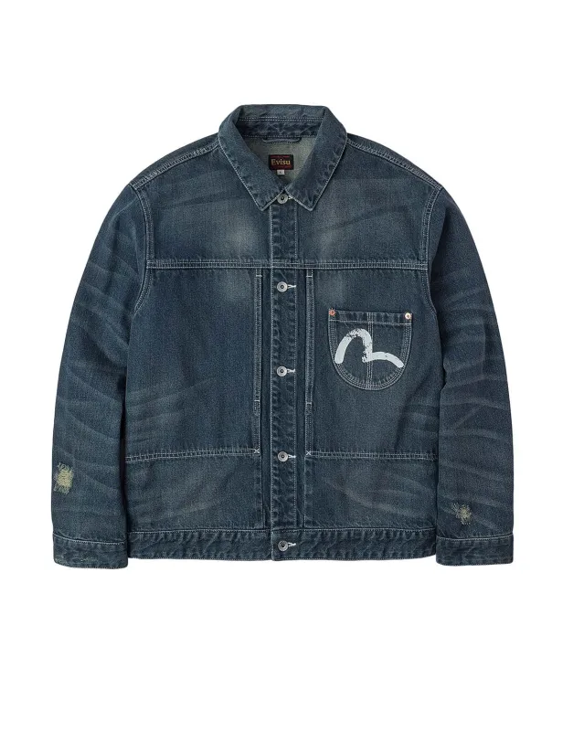 Distressed Seagull Print Relax Fit Washed Seagull Pocket Denim Jacket sold by Evisu