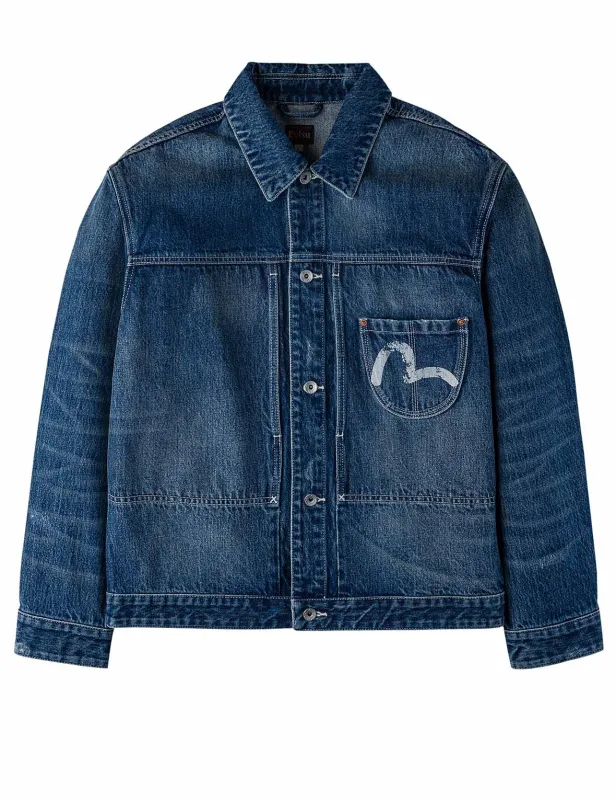 Distressed Seagull Print Relax Fit Vintage Washed Denim Jacket sold by Evisu