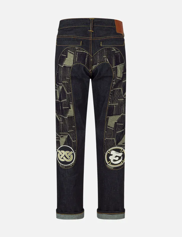Patchwork Daicock Insert and Wheel Of Wisdom Embroidery Taper Fit Jeans #2017 sold by Evisu