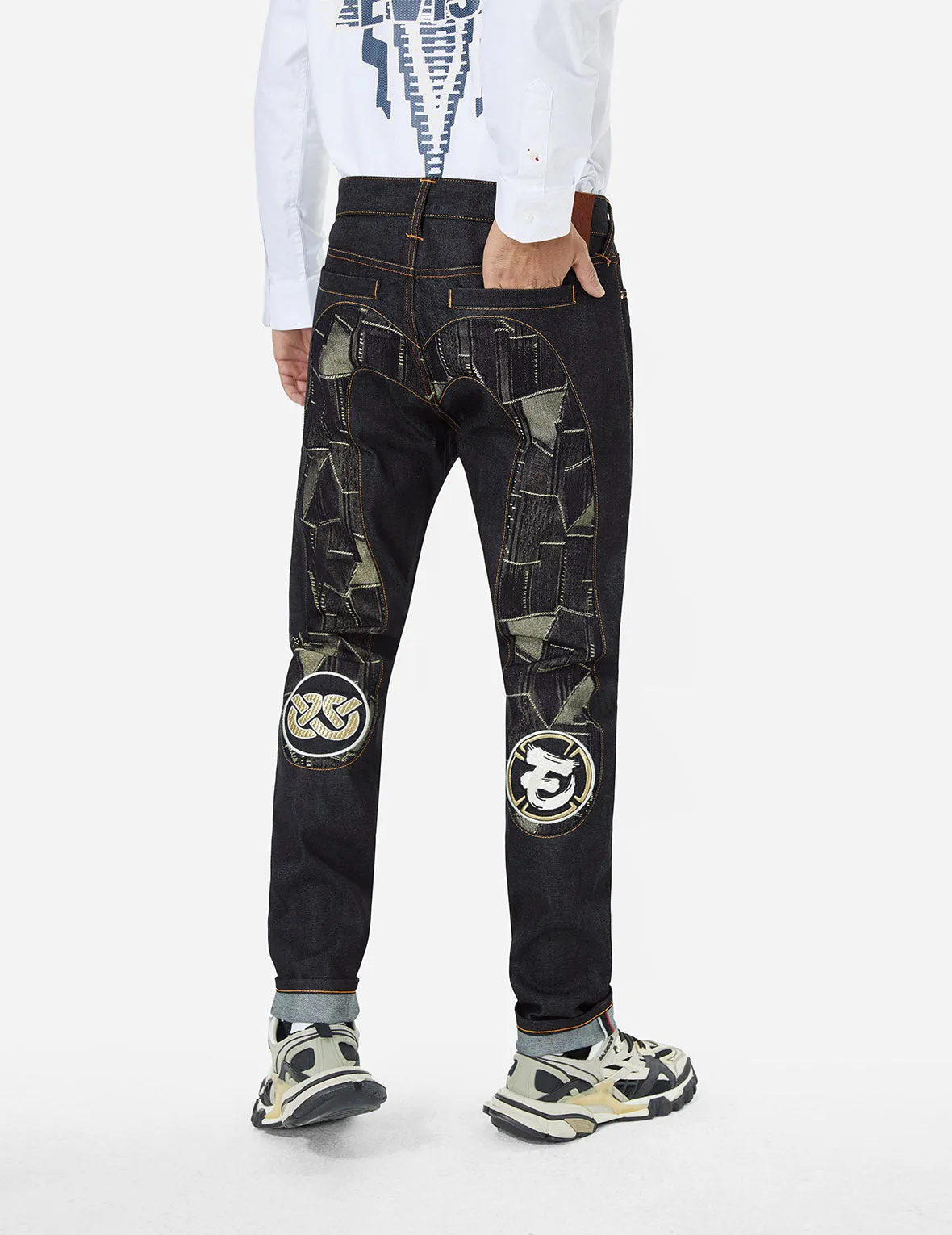 Patchwork Daicock Insert and Wheel Of Wisdom Embroidery Taper Fit Jeans #2017 sold by Evisu product image thumbnail 5