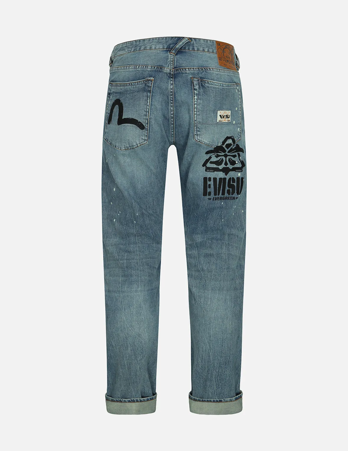 Washed Multiple Distressed Print with Splatter Marks Taper Fit Jeans #2017 sold by Evisu