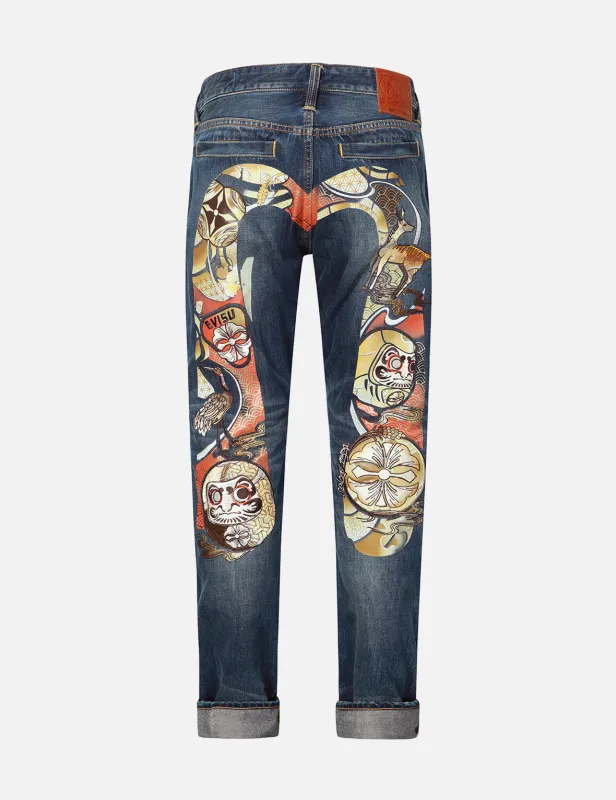 Hanafuda Daruma Daicock Embroidery Taper Fit Denim Jeans #2017 sold by Evisu