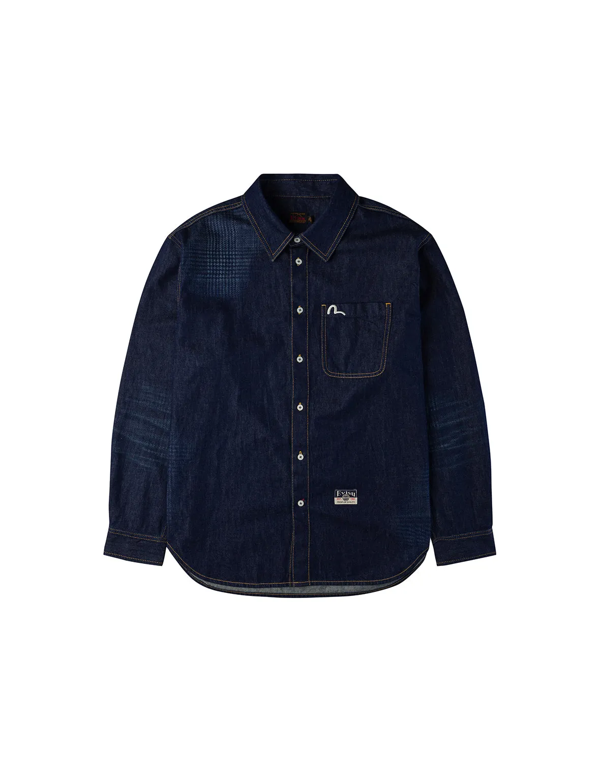 Handbrush Houndstooth Print Relax Fit Denim Shirt sold by Evisu