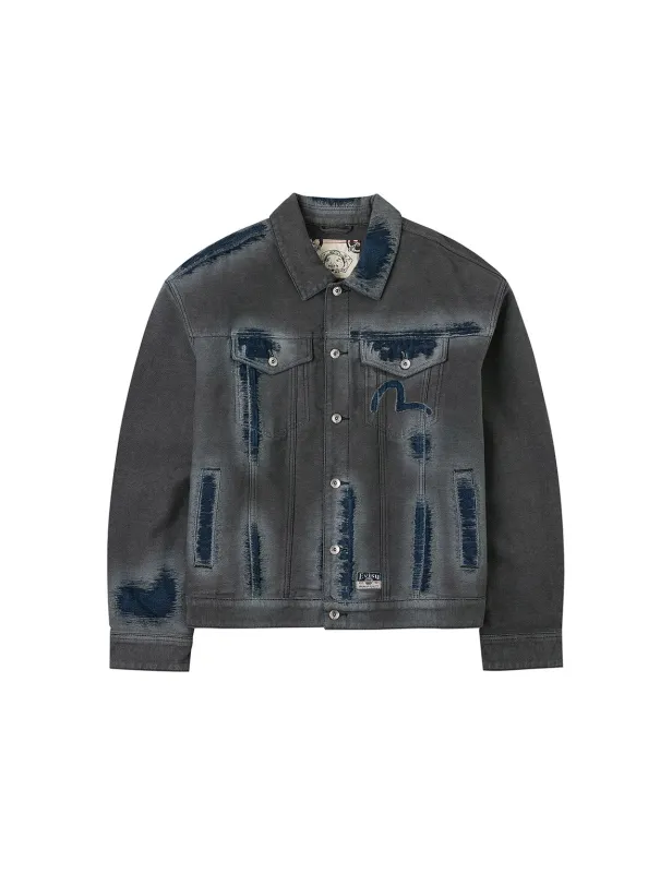 Distressed Seagull and Logo Print Relax Fit Washed Denim Jacket sold by Evisu