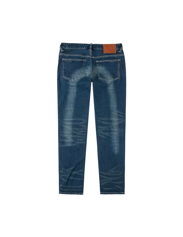 Washed Handbrush Houndstooth Daicock Print Slim Fit Jeans #2010 sold by Evisu