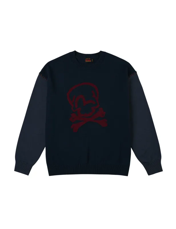 Skull and Seagull Jacquard Oversized Color-Blocking Knit Sweater sold by Evisu