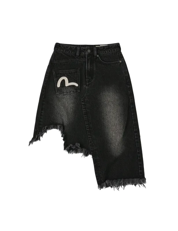 Seagull and Slogan Embroidery Regular Fit Distressed Washed Denim Skirt sold by Evisu