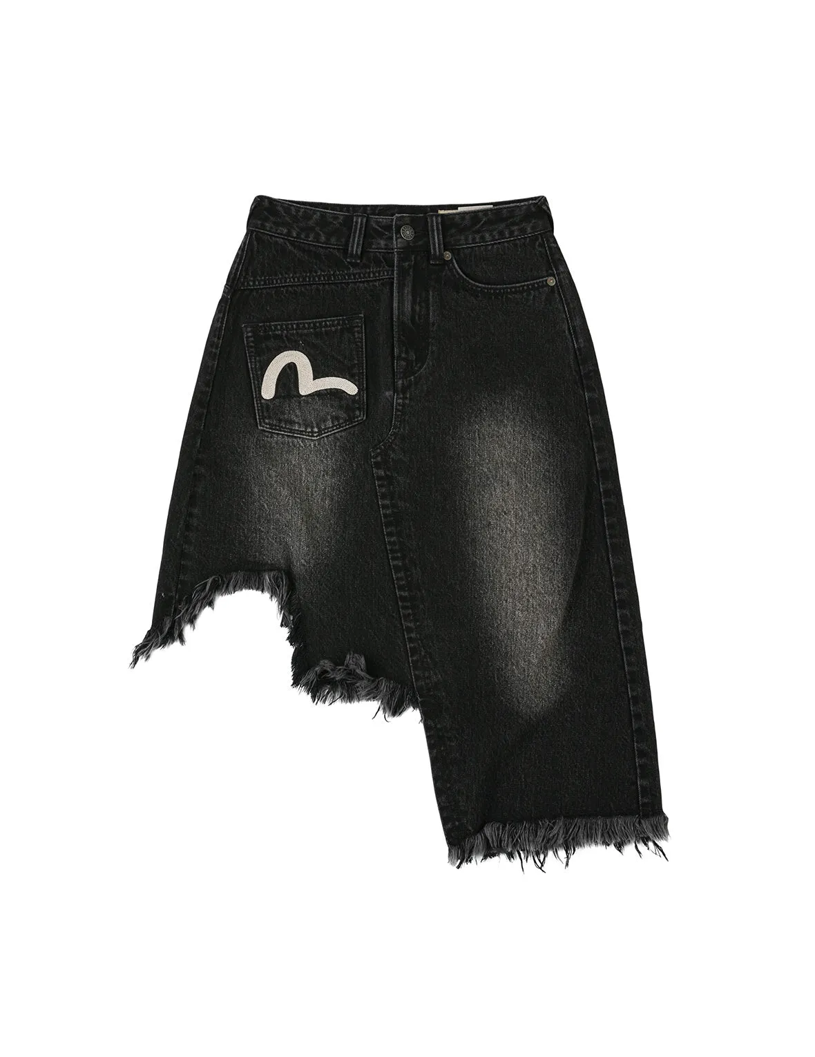 Seagull and Slogan Embroidery Regular Fit Distressed Washed Denim Skirt sold by Evisu