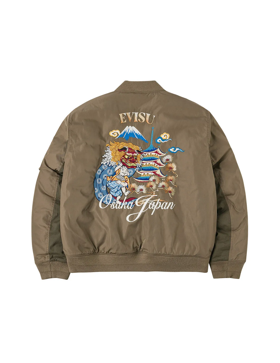 Logo and Godhead Lion Dance Embroidery Relax Fit Bomber Jacket sold by Evisu
